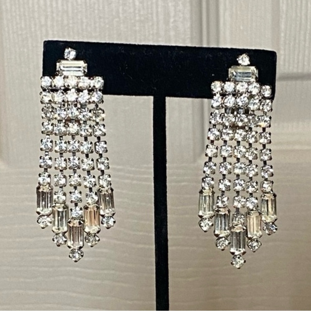 Vintage WEISS Chandelier Earrings Signed Baguette & Round Cut Glam